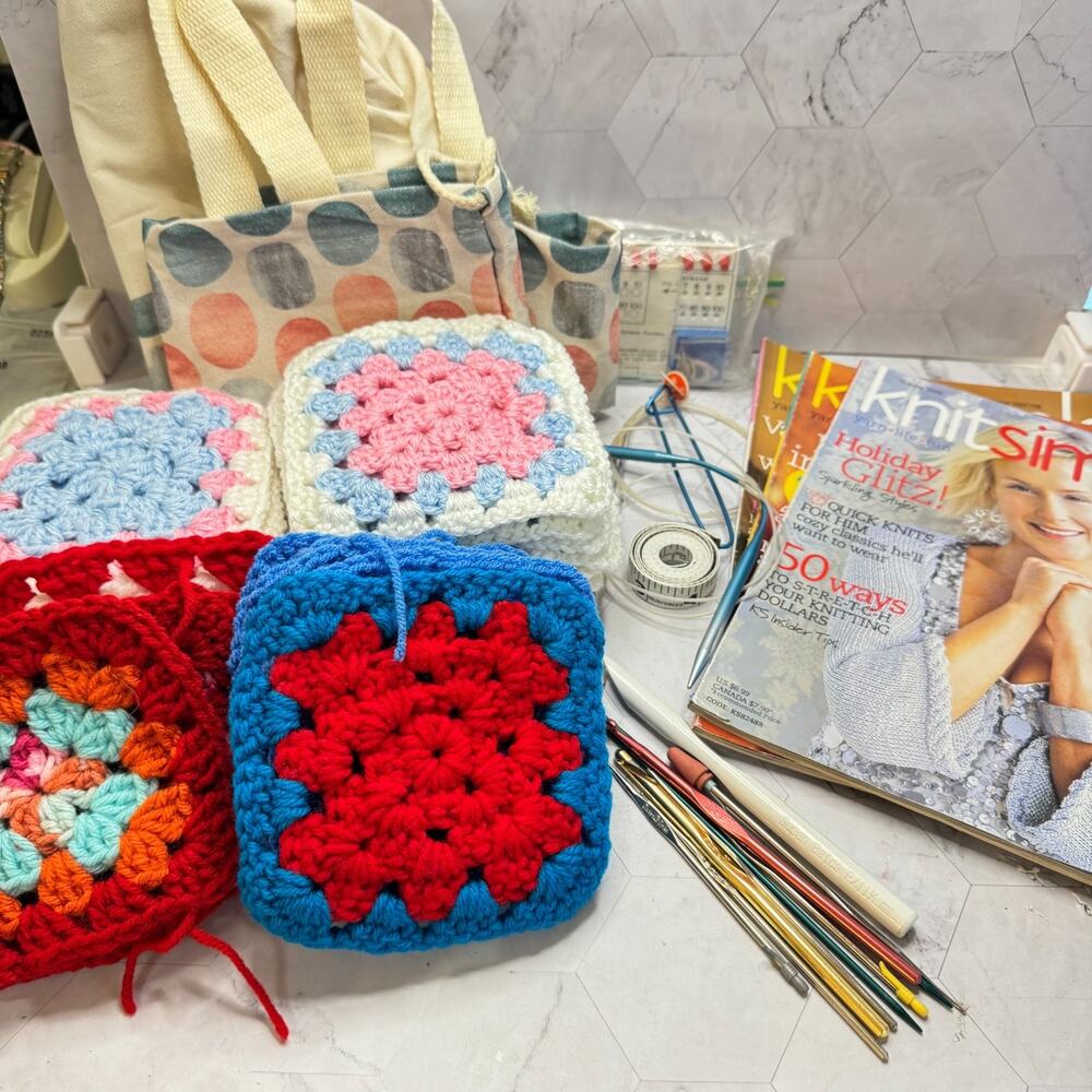 Lot of Knitting Needles Supplies Magazines Yarn Bag Crochet Hooks Granny Squares